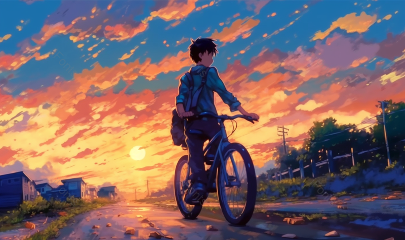 水彩画夕阳下海边骑自行车的男孩手绘插画背景图,插画/手绘图,插画/手绘图库,插画/手绘图下载,插画/手绘